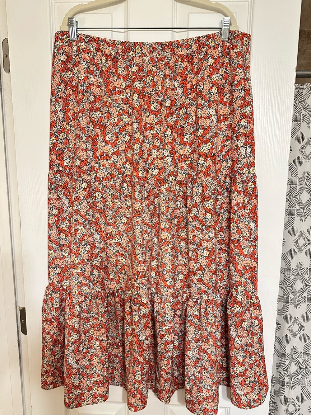 LOFT Dainty Ditsy Orange Floral Pull On Midi Tiered Ruffle Skirt XL Cottage Boho